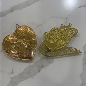 Vintage Heart & Sleigh Christmas Ornaments Gold Foil Pearl Plastic Lot of‎ 2
